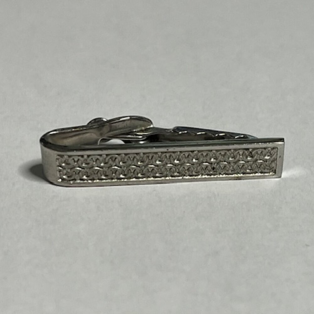 VTG Textured Patterned Design Tie Clip Bar Silver Tone Casual or Formal 1.5"